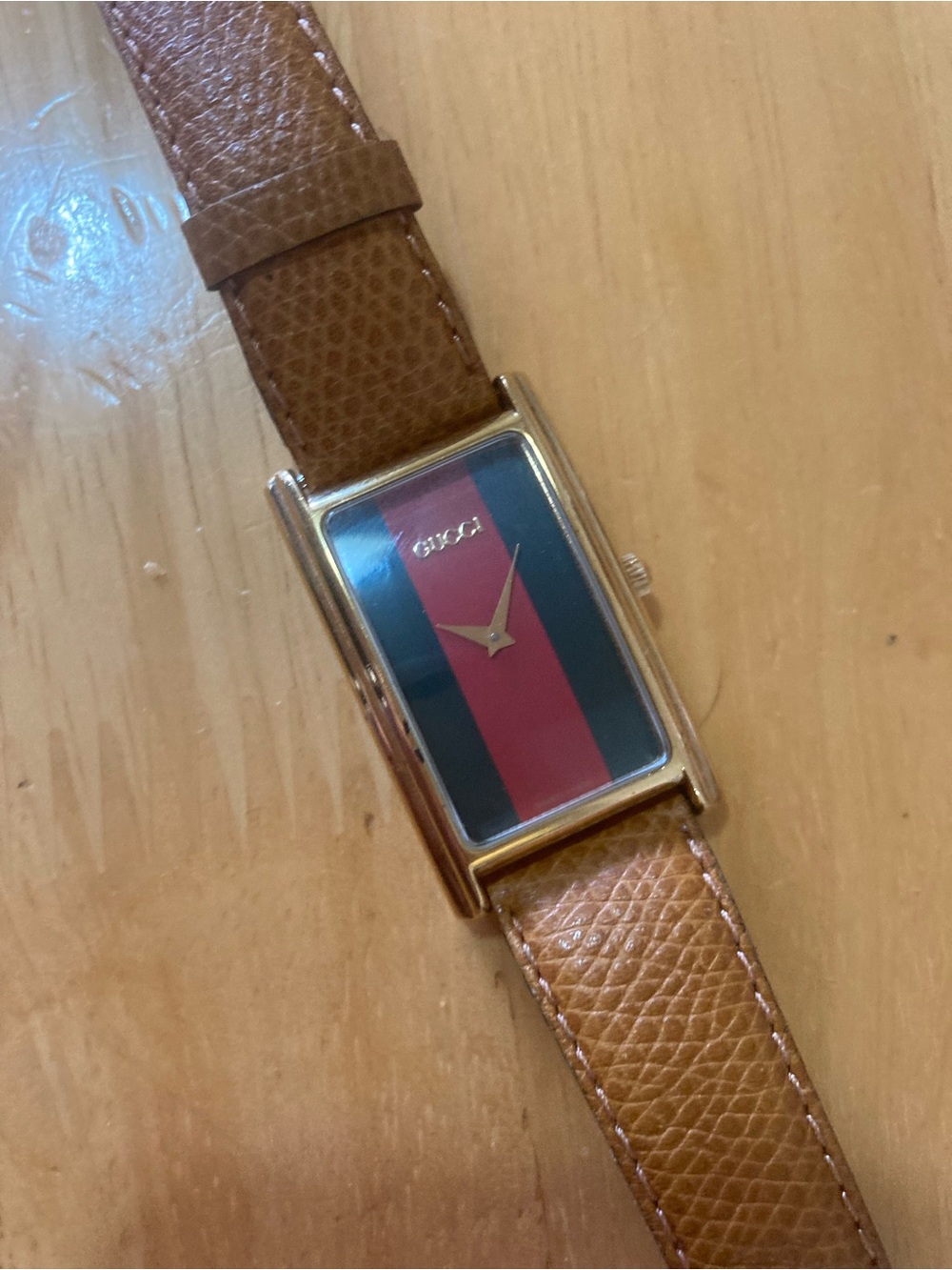 Vintage Gucci Rectangular Stripe Dial Leather Strap Watch - Brown, Red, Green